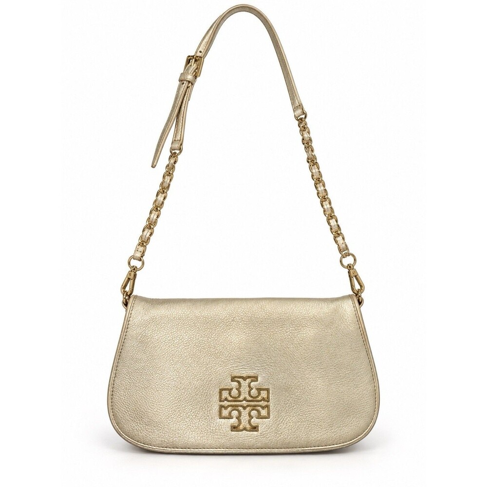 Tory Burch Briten 2Way Leather Shoulder Clutch Bag Champagne Gold w Strap Bag